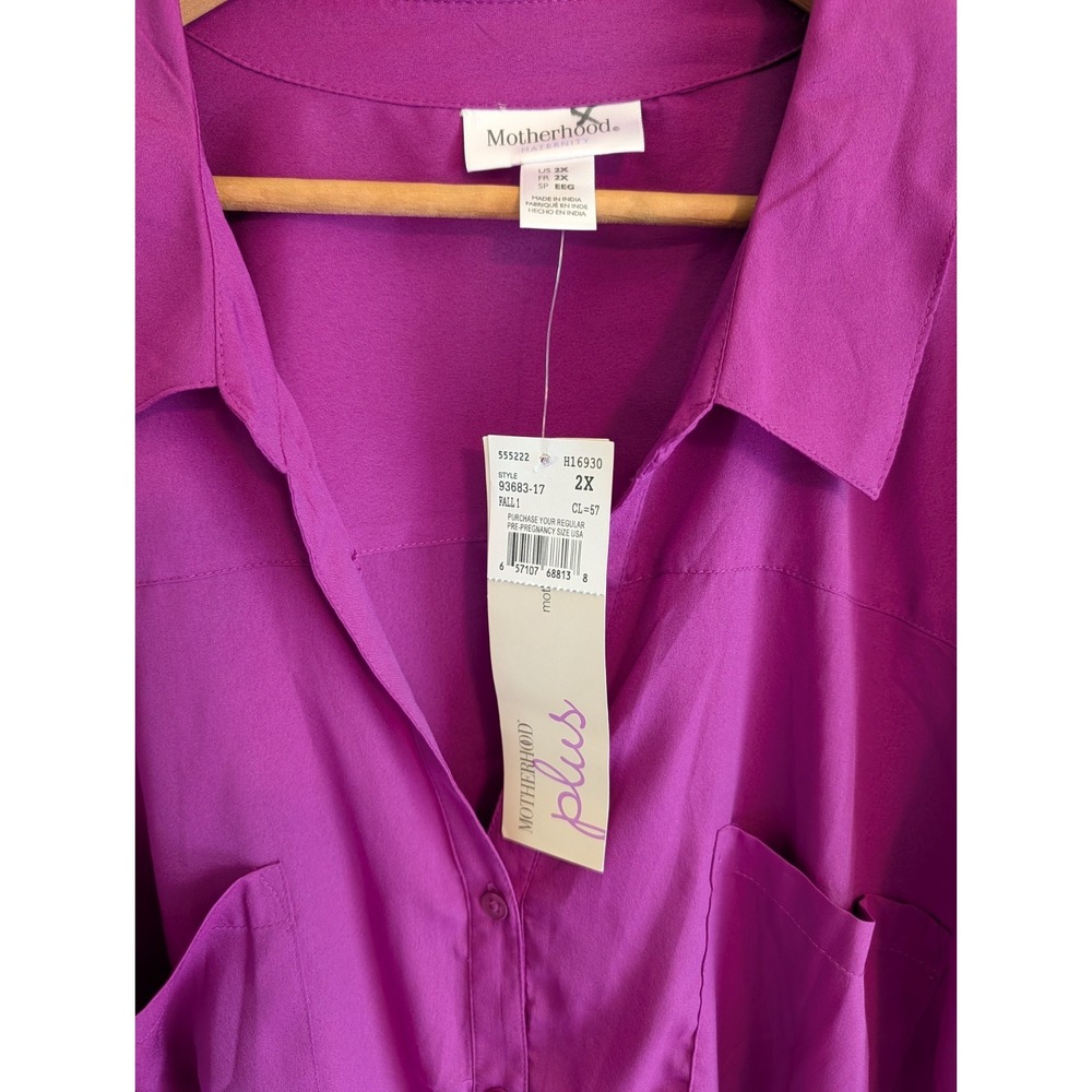 Motherhood Maternity Plus Blouse Button Up Long Sleeve Roll Tab Fuchsia Career - Picture 6 of 12